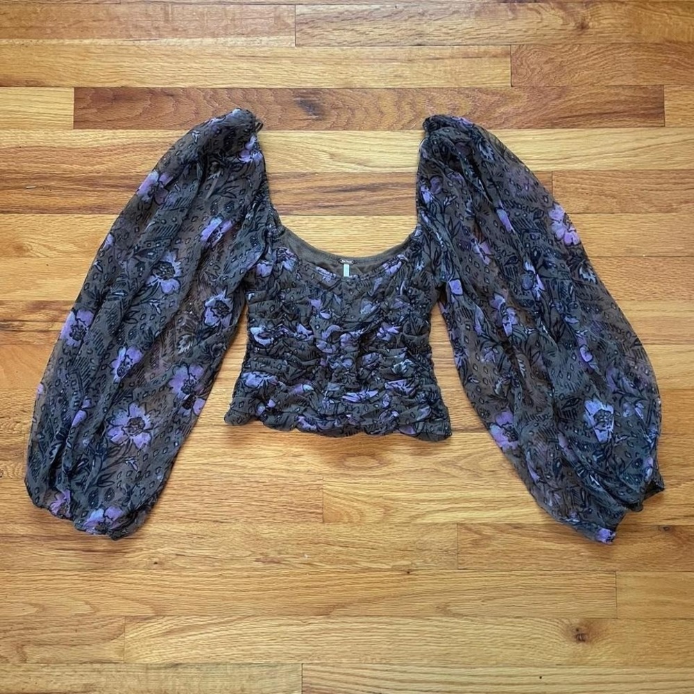 Free People Lilia Top Olive Size M Boho Preppy Fairycore Cropped Puffy Sleeve FP